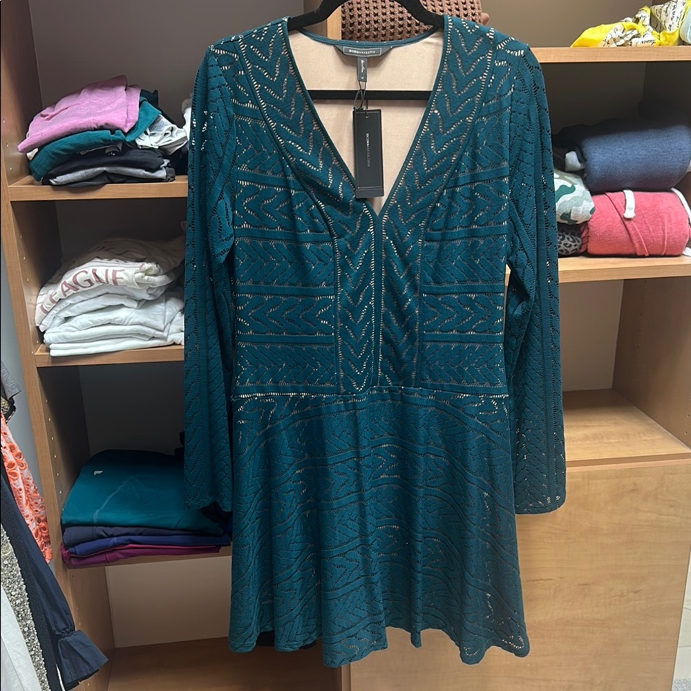 BCBGMaxAzria Teal Blue A-line Long Sleeve Lace Dress
